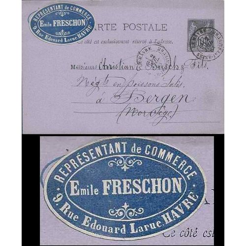 France 1883 Postal Card Lehavre to Bergen Norway, Business Label added