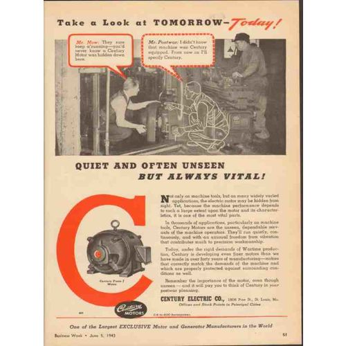 CENTURY ELECTRIC COMPANY 1943 quiet unseen always vital vintage ad