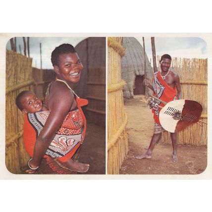 Swaziland Warrior & Lady Carrying Baby Africa Postcard