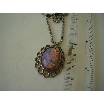 Vintage Necklace Dragon's Breath Fire Opal Art Glass Cabochon Foil Stone Pendant