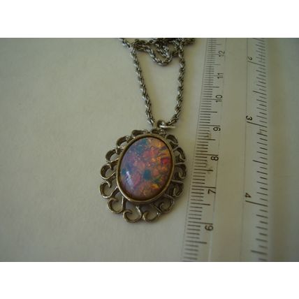 Necklace Dragon's Breath Fire Opal Art Glass Cabochon Foil Stone Vintage Pendant