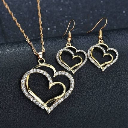 Set Of 3 Beautiful Double Hollow Hearts Jewelry Set With Necklace & Earrings