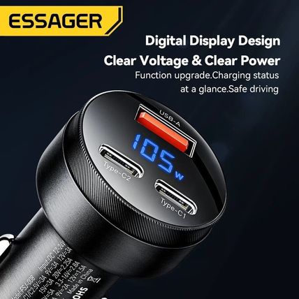 Essager Digital Fast Car Charger 105W Made for MacBook Lenovo Truck Lorry 12-24V