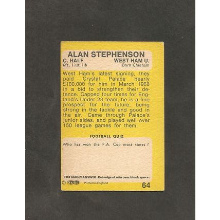 A&BC Gum, FOOTBALLERS, Yellow Back West Ham Alan Stephenson #64