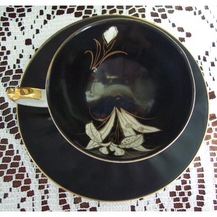 Marked in Gold MADE IN JAPAN Hand Painted Black & White Footed Teacup & Saucer