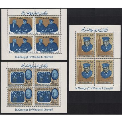 Ras Al Khaima Churchill Commemoration 3 MSs 1965 MNH SG#MS14a