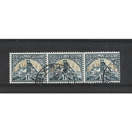 SouthAfrica.SG87 1 1/2d Gold Mine strip of 3.Fine Used.Aug25
