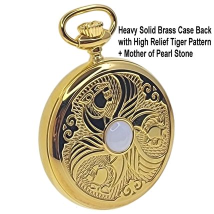 14K Gold Plated Men Big Heavy Brass Pocket Watch White MOP Dial + MOP Stone