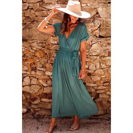 Blackish Green Solid Color V Neck Wrap Pleated Short Sleeve Maxi Dress