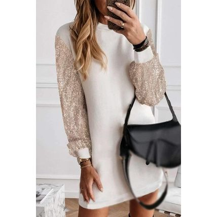 White Sequin Puff Sleeve Shift Mini Dress
