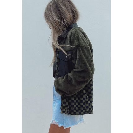 Vineyard Green Fleece Checkerboard Flap Pocket Snap Button Jacket