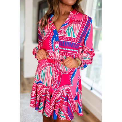 Rose Boho Abstract Printed Puff Sleeve Drawstring Waist Ruffled Mini Dress