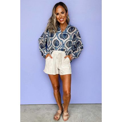 Blue Tribal Pattern Buttoned Front Loose Shirt