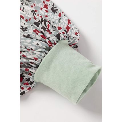 Meadow Mist Green Contrast Printed Bubble Sleeve Henley Loose Top with Slits