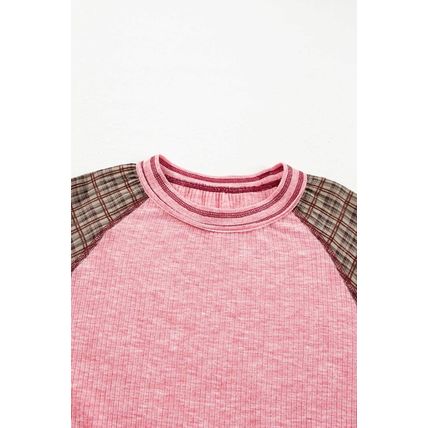 Fushia Mixed Print Patchwork Raglan Ribbed Knit Top