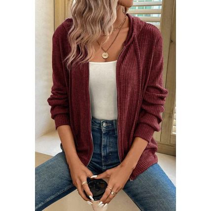 Red Dahlia Ribbed Zip Up Front Drawstring Hoodie