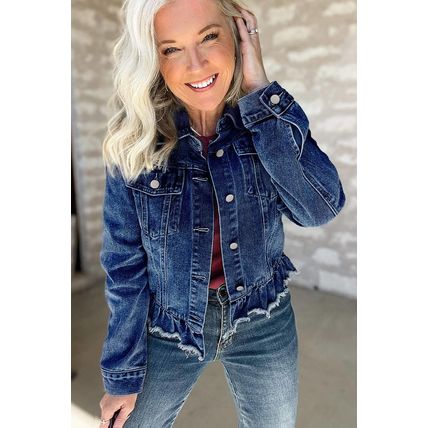 Navy Blue Ruffle Raw Hem Flap Pockets Denim Jacket