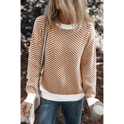 Coffee Contrast Edge Crew Neck Drop Shoulder Sweater
