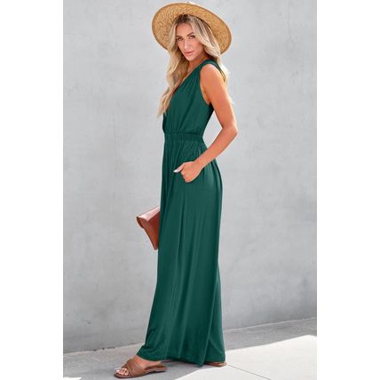 Blackish Green Deep V Pleated Crisscross Wide Leg Backless Jumpsuit