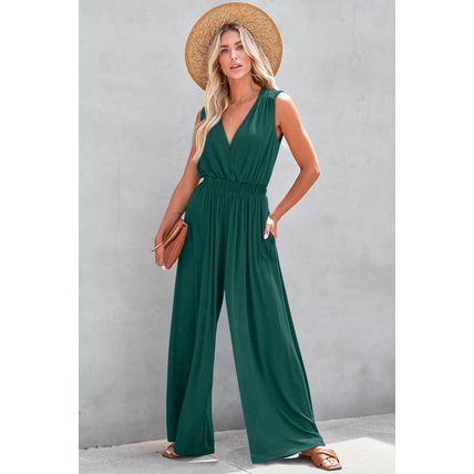 Blackish Green Deep V Pleated Crisscross Wide Leg Backless Jumpsuit