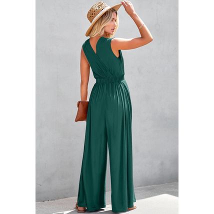 Blackish Green Deep V Pleated Crisscross Wide Leg Backless Jumpsuit