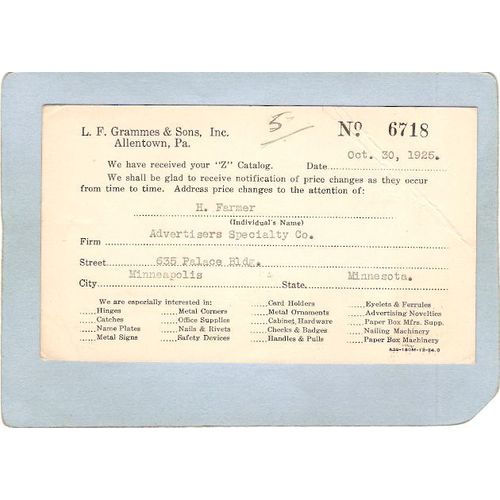 MN Minneapolis Postcard Acknowledgement Card For Receipt Of Catalog From A~254