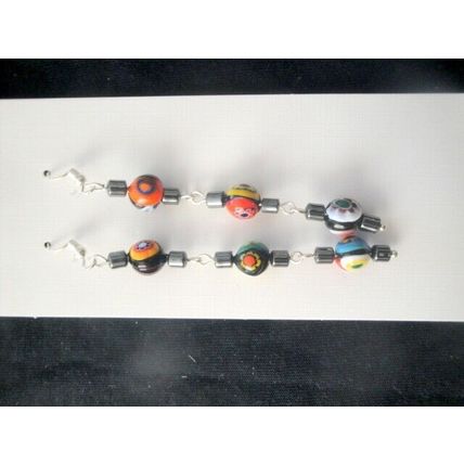 Extraordinary long Hematite & large millefiori style swing hook earring