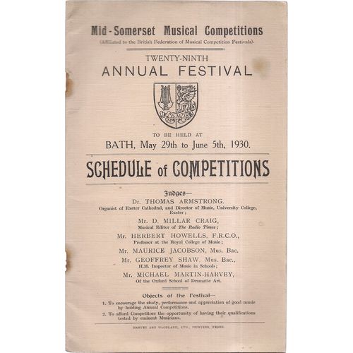 MID-SOMERSET MUSICAL COMPETITIONS 29th Annual Festival BATH, May 29th 1930 pro /