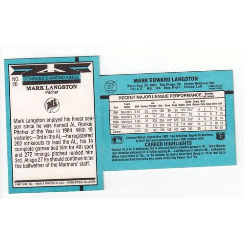 Lot of Two 1988 Donruss Mark Langston cards #317, #20 - Mariners