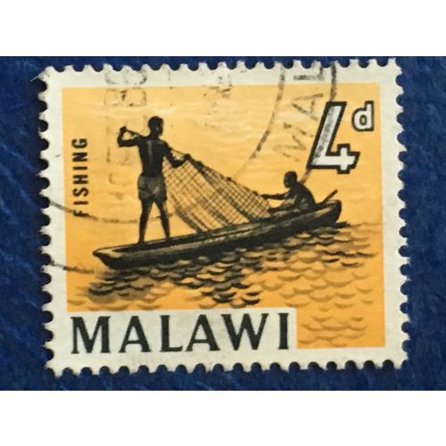 Malawi QEII 1964 4d Fishing black & orange yellow Used SG 219 Sc 9 postage stamp