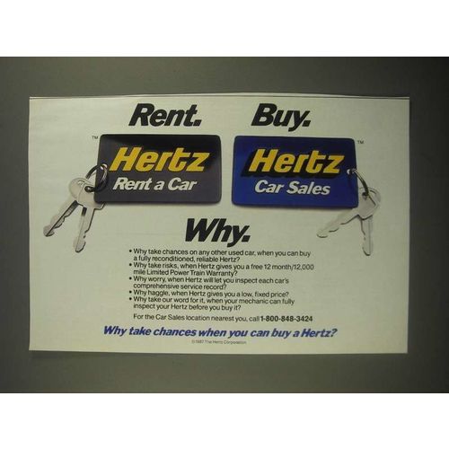 1987 Hertz Rent A Car and Car Sales Ad - Rent Buy