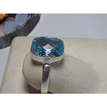 4.0ct 11X9mm Emerald Cut Blue Topaz Sterling Silver crown top Bezel Ring #20046