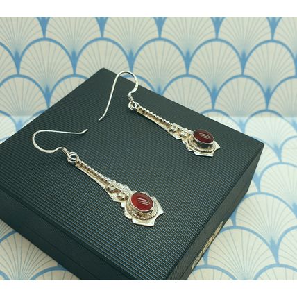 Vintage 925 Sterling Silver and Red Carnelian Cabochon Drop Earrings With Box