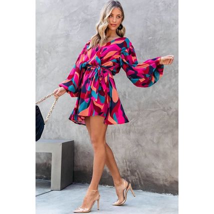Red Abstract Printed Belted Puff Sleeve Mini Dress