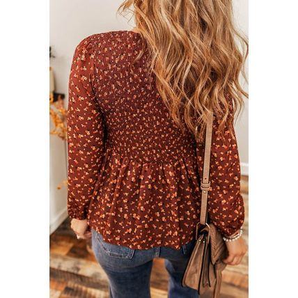 Boho Floral Smocked Bust Ruffled Peplum Blouse
