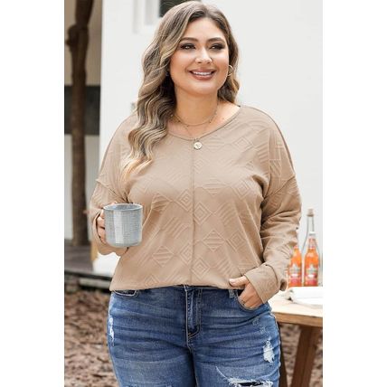 Khaki Plus Size Textured Drop Shoulder Exposed Seam Top