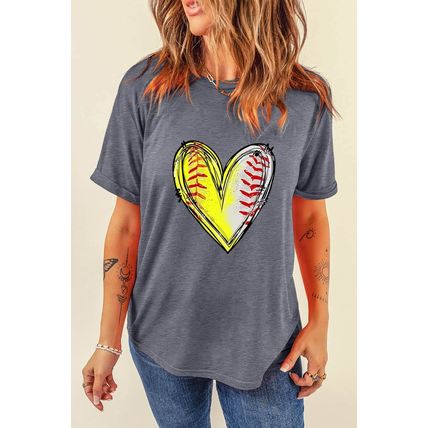 Gray Baseball Heart Shape Print Crew Neck T Shirt