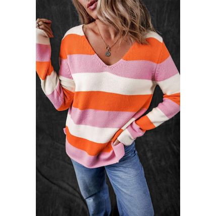 Orange Stripe Colorblock V Neck Casual Sweater