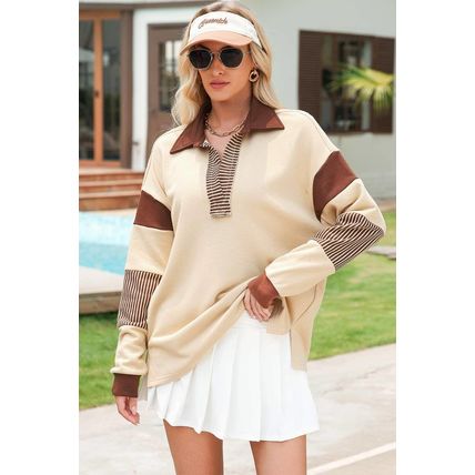 Light French Beige Striped Colorblock Patchwork Collar Sweatshirt