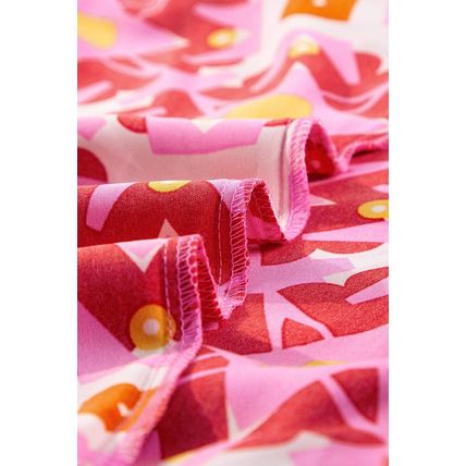 Strawberry Pink Geometric Print Shirred Cuff 3/4 Sleeve Loose Blouse