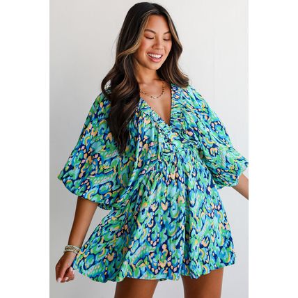 Green Abstract Print Puff Sleeve V Neck High Waist Romper