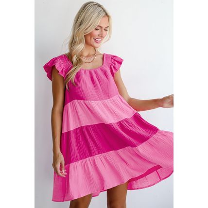 Pink Crinkled Colorblock Patchwork Flutter Tiered Mini Dress