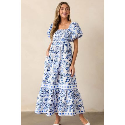 Sky Blue Floral Print Square Neck Bubble Sleeve High Waist Maxi Dress