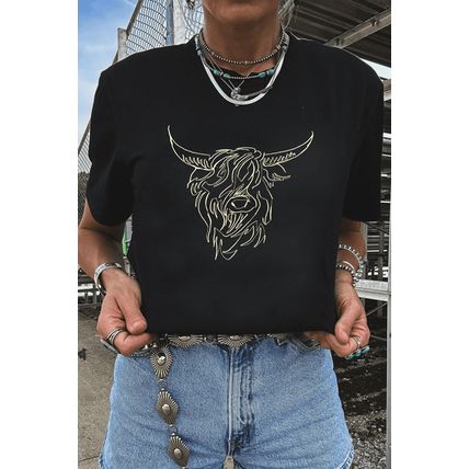 Black Western Bull Head Embroidered Pattern T Shirt