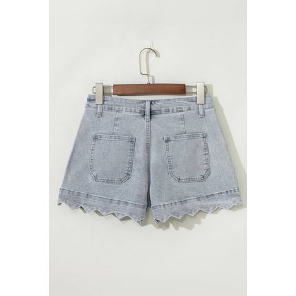 Dusk Blue Scalloped Hemline Acid Wash High Waist Denim Shorts