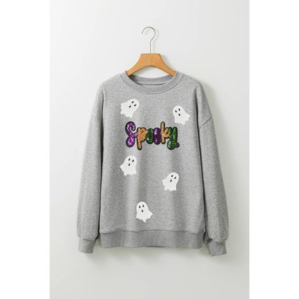 Gray Spooky Halloween Ghost Sequin Patched Sweatshirt