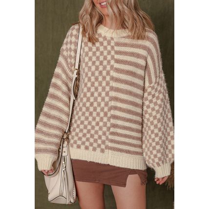 Khaki Stripe Checkerboard Drop Shoulder Balloon Sleeve Sweater