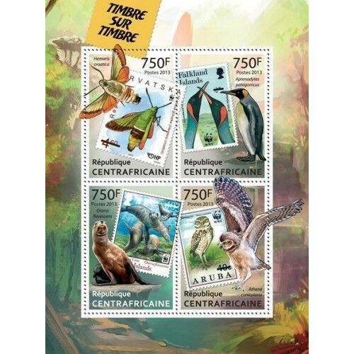 CENTRAL AFRICA 2013 SHEET MNH STAMPS ON STAMPS WILDLIFE PENGUINS BUTTERFLIES