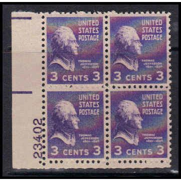 807 3c Thomas Jefferson Very Fine MNH Plt/4 K2319