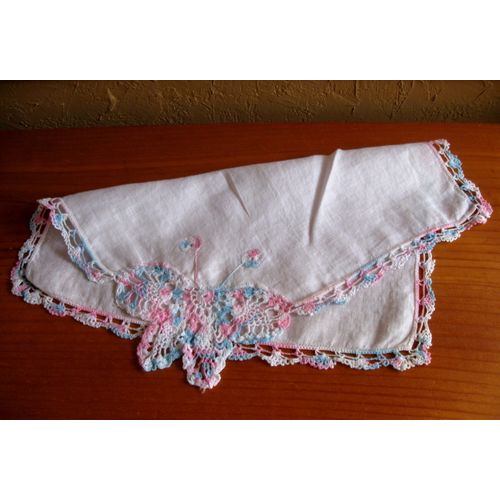 Vintage Hand Crochet Pink/Blue Edged White Linen Handkerchief With Butterfly
